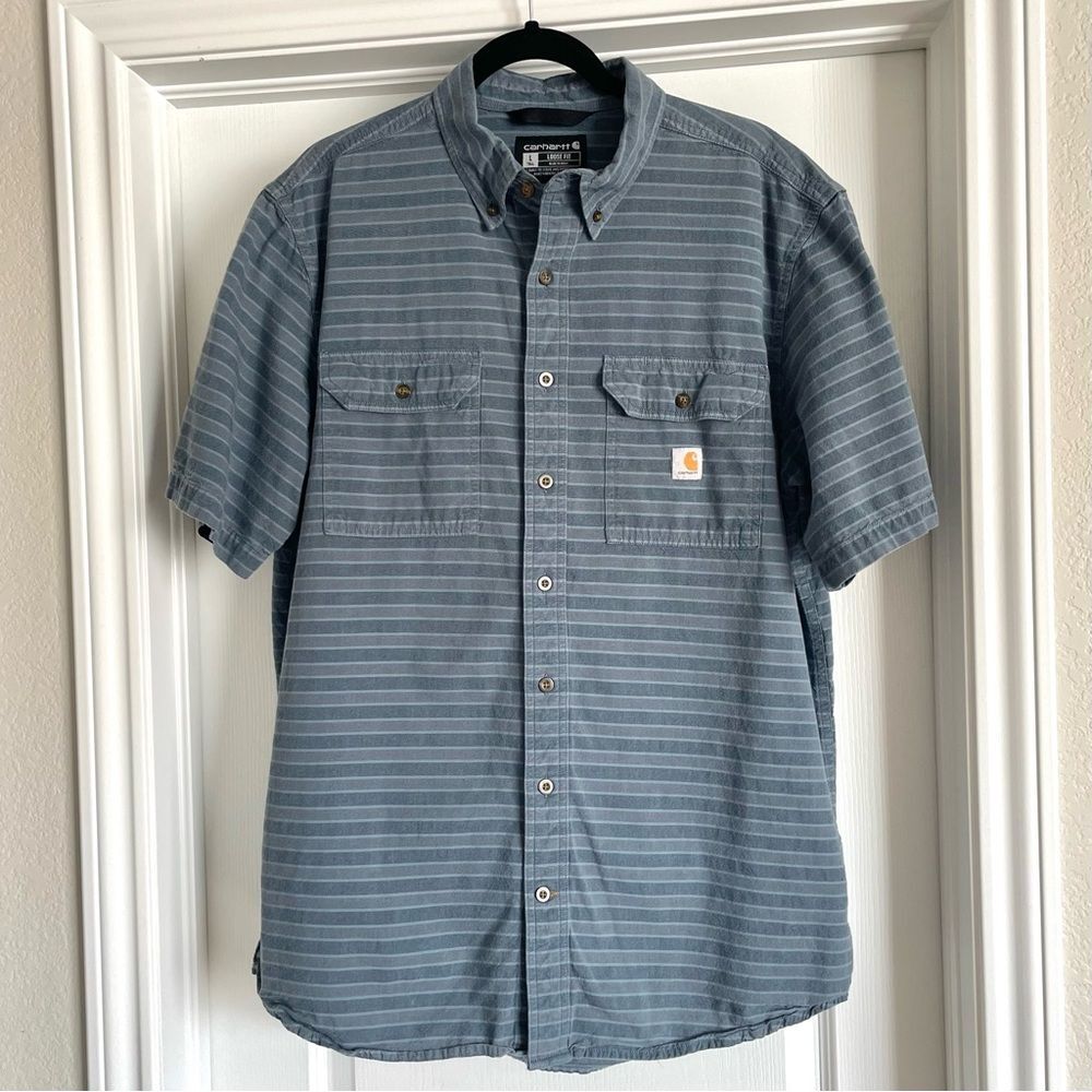 Carhartt Men's Loose Fit Short Sleeve Midweight Blue Striped Shirt Large Tall - Picture 2 of 8